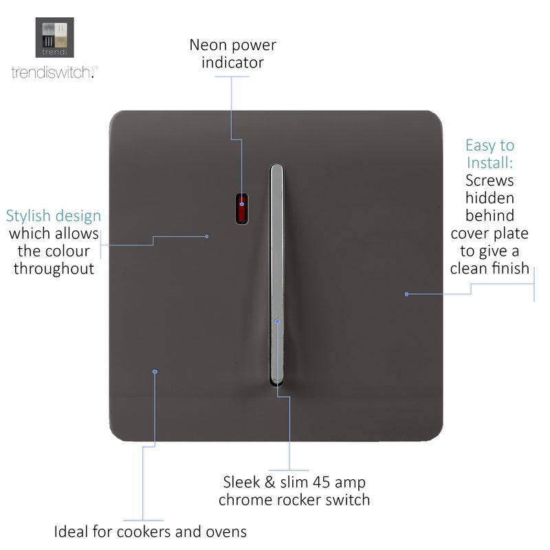 Trendi, Artistic Modern 45 Amp Neon Insert Double Pole Switch Dark Brown Finish, BRITISH MADE, (35mm Back Box Required), 5yrs Warranty • ART-WHS2DB