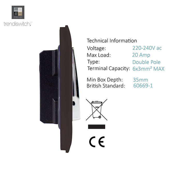 Trendi, Artistic Modern 45 Amp Neon Insert Double Pole Switch Dark Brown Finish, BRITISH MADE, (35mm Back Box Required), 5yrs Warranty • ART-WHS2DB