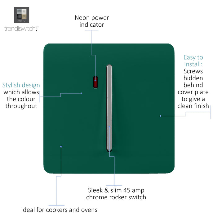 Trendi, Artistic Modern 20 Amp Neon Insert Double Pole Switch Dark Green Finish, BRITISH MADE, (25mm Back Box Required), 5yrs Warranty • ART-WHS1DG