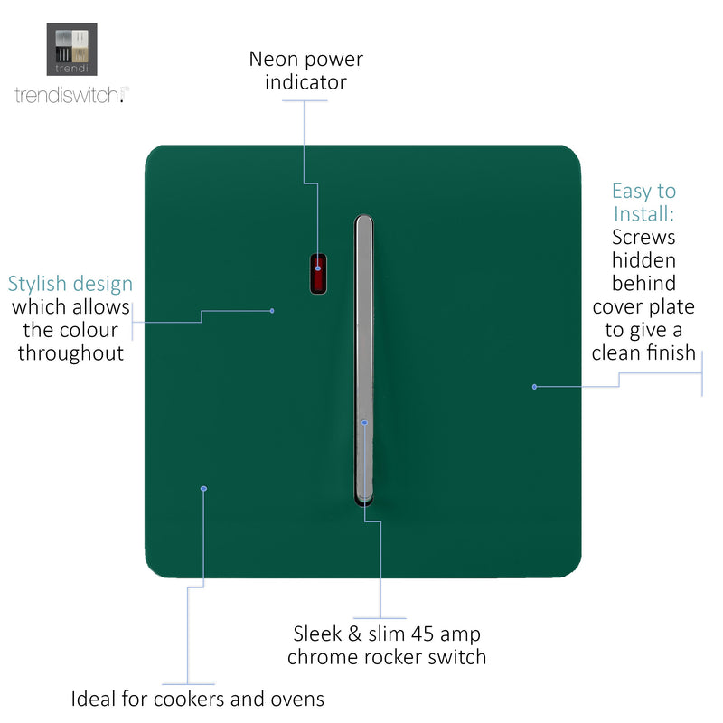Trendi, Artistic Modern 45 Amp Neon Insert Double Pole Switch Dark Green Finish, BRITISH MADE, (35mm Back Box Required), 5yrs Warranty • ART-WHS2DG
