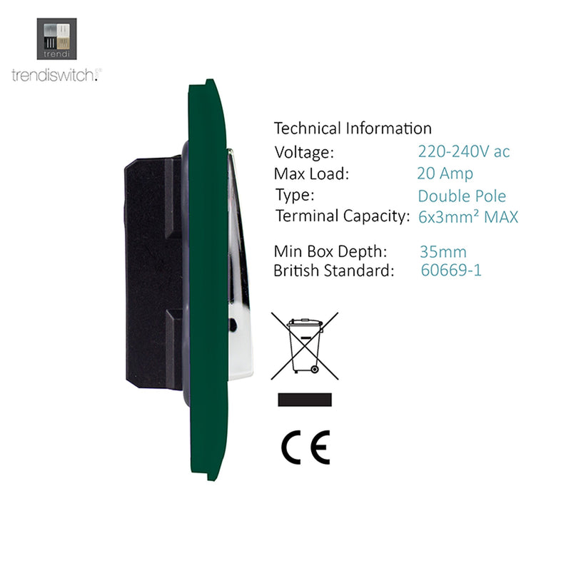 Trendi, Artistic Modern 20 Amp Neon Insert Double Pole Switch Dark Green Finish, BRITISH MADE, (25mm Back Box Required), 5yrs Warranty • ART-WHS1DG