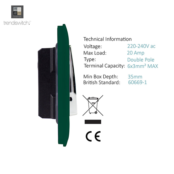 Trendi, Artistic Modern 45 Amp Neon Insert Double Pole Switch Dark Green Finish, BRITISH MADE, (35mm Back Box Required), 5yrs Warranty • ART-WHS2DG