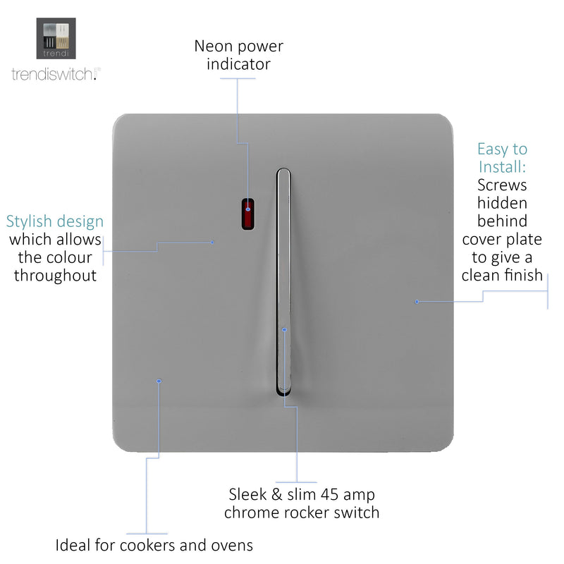 Trendi, Artistic Modern 45 Amp Neon Insert Double Pole Switch Light Grey Finish, BRITISH MADE, (35mm Back Box Required), 5yrs Warranty • ART-WHS2LG