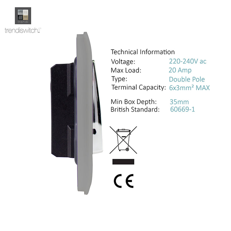 Trendi, Artistic Modern 45 Amp Neon Insert Double Pole Switch Light Grey Finish, BRITISH MADE, (35mm Back Box Required), 5yrs Warranty • ART-WHS2LG