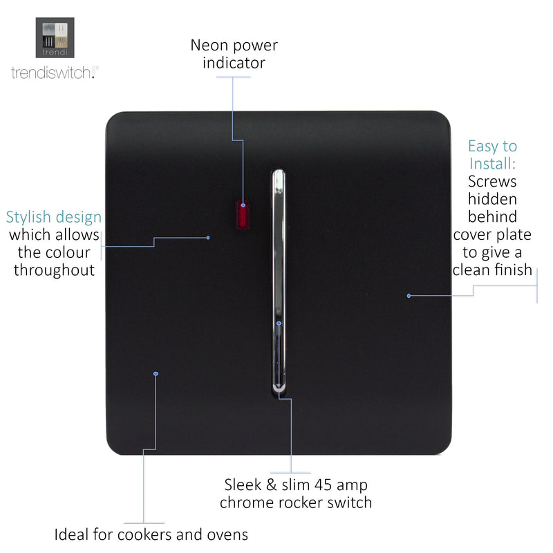 Trendi, Artistic Modern 20 Amp Neon Insert Double Pole Switch Matt Black Finish, BRITISH MADE, (25mm Back Box Required), 5yrs Warranty • ART-WHS1MBK