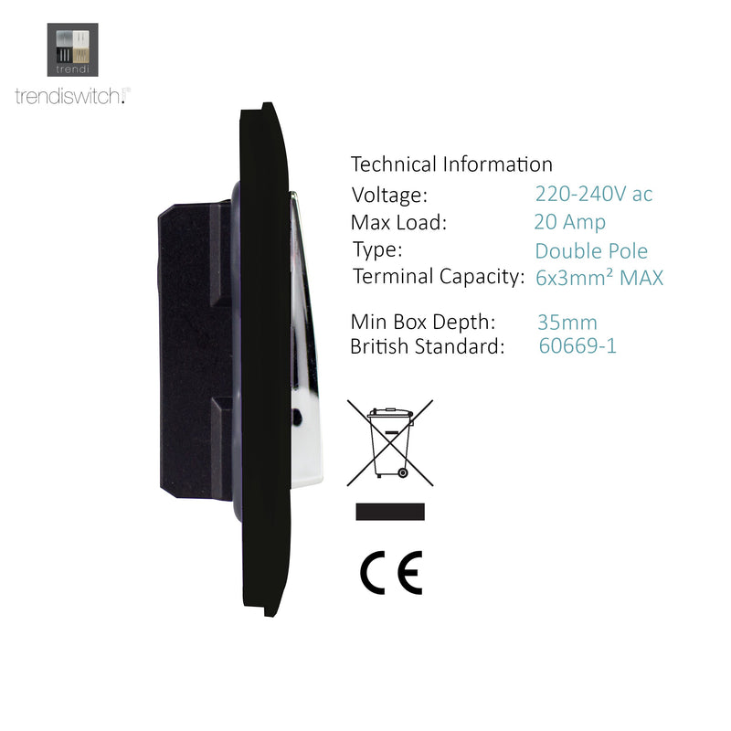 Trendi, Artistic Modern 45 Amp Neon Insert Double Pole Switch Matt Black Finish, BRITISH MADE, (35mm Back Box Required), 5yrs Warranty • ART-WHS2MBK