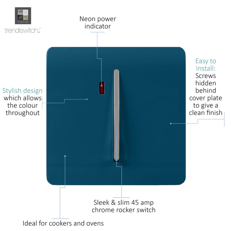 Trendi, Artistic Modern 20 Amp Neon Insert Double Pole Switch Midnight Blue Finish, BRITISH MADE, (25mm Back Box Required), 5yrs Warranty • ART-WHS1MD