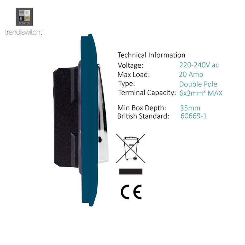 Trendi, Artistic Modern 20 Amp Neon Insert Double Pole Switch Midnight Blue Finish, BRITISH MADE, (25mm Back Box Required), 5yrs Warranty • ART-WHS1MD