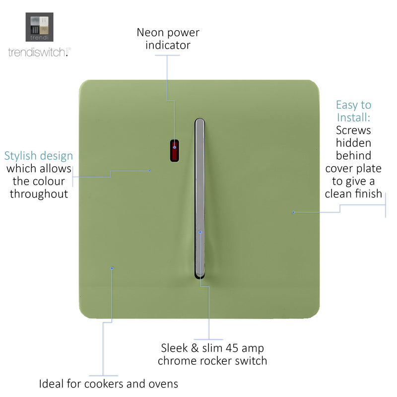 Trendi, Artistic Modern 45 Amp Neon Insert Double Pole Switch Moss Green Finish, BRITISH MADE, (35mm Back Box Required), 5yrs Warranty • ART-WHS2MG
