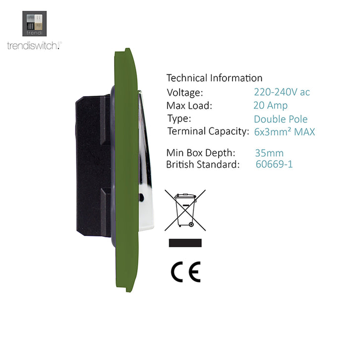 Trendi, Artistic Modern 45 Amp Neon Insert Double Pole Switch Moss Green Finish, BRITISH MADE, (35mm Back Box Required), 5yrs Warranty • ART-WHS2MG