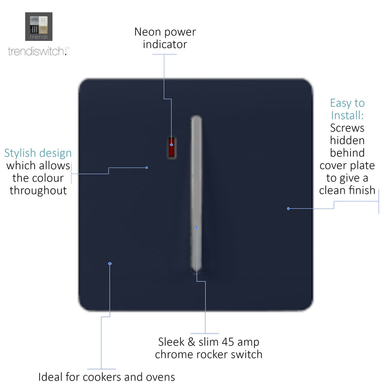 Trendi, Artistic Modern 20 Amp Neon Insert Double Pole Switch Navy Blue Finish, BRITISH MADE, (25mm Back Box Required), 5yrs Warranty • ART-WHS1NV