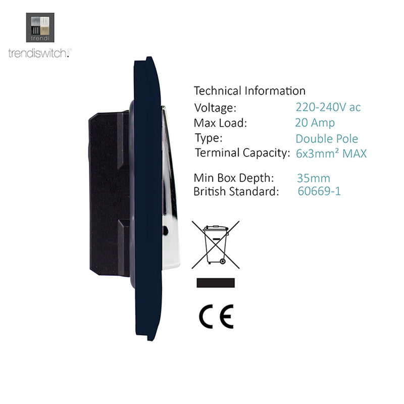 Trendi, Artistic Modern 20 Amp Neon Insert Double Pole Switch Navy Blue Finish, BRITISH MADE, (25mm Back Box Required), 5yrs Warranty • ART-WHS1NV