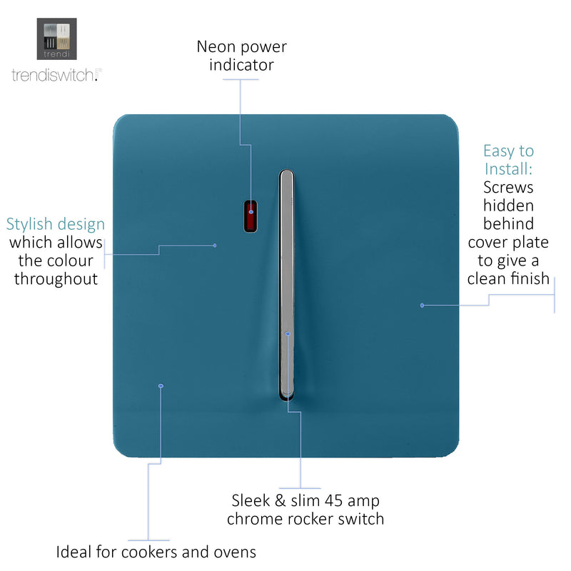 Trendi, Artistic Modern 45 Amp Neon Insert Double Pole Switch Ocean Blue Finish, BRITISH MADE, (35mm Back Box Required), 5yrs Warranty • ART-WHS2OB