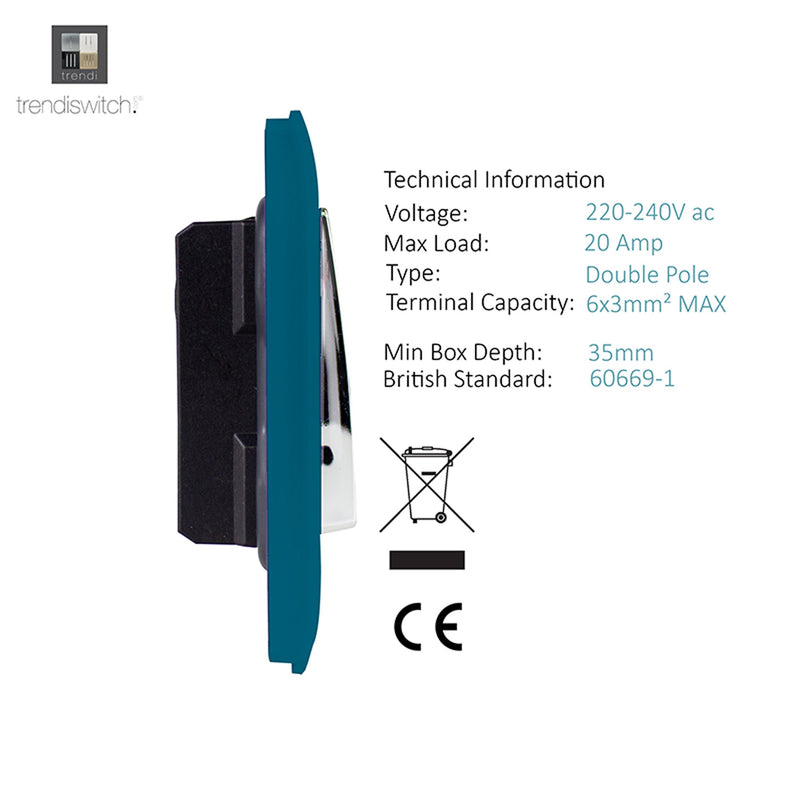 Trendi, Artistic Modern 20 Amp Neon Insert Double Pole Switch Ocean Blue Finish, BRITISH MADE, (25mm Back Box Required), 5yrs Warranty • ART-WHS1OB