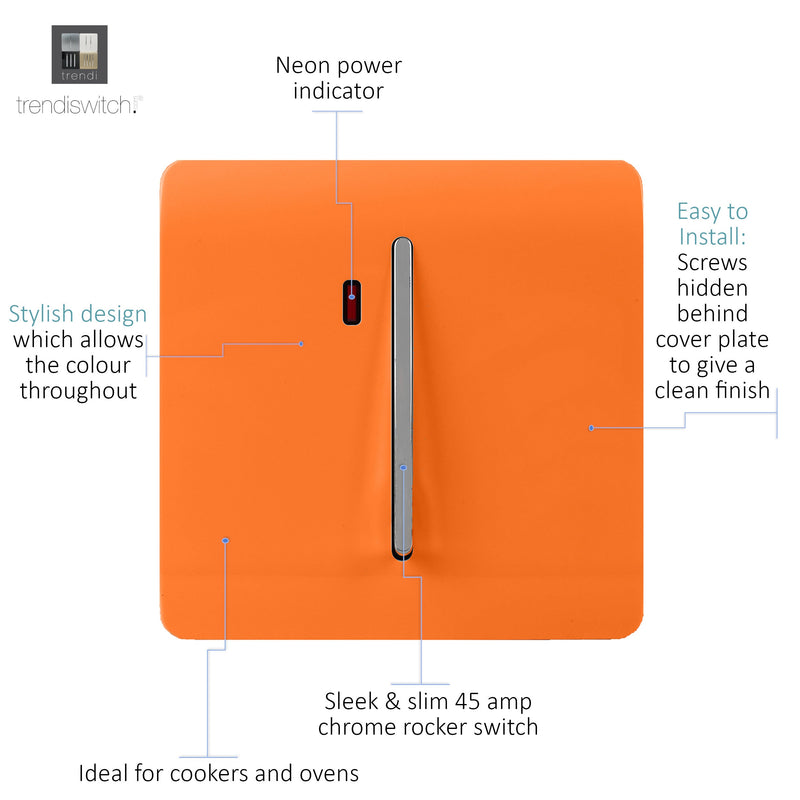 Trendi, Artistic Modern 45 Amp Neon Insert Double Pole Switch Orange Finish, BRITISH MADE, (35mm Back Box Required), 5yrs Warranty • ART-WHS2OR
