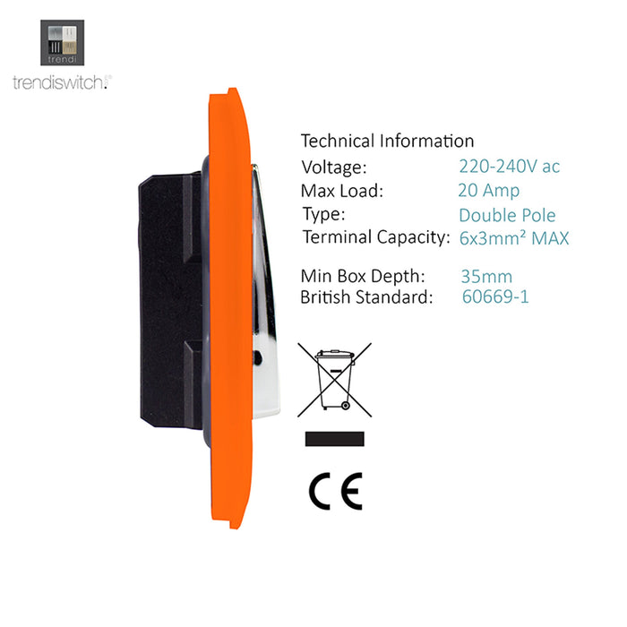 Trendi, Artistic Modern 45 Amp Neon Insert Double Pole Switch Orange Finish, BRITISH MADE, (35mm Back Box Required), 5yrs Warranty • ART-WHS2OR