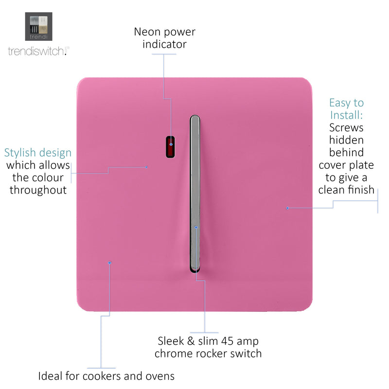 Trendi, Artistic Modern 45 Amp Neon Insert Double Pole Switch Pink Finish, BRITISH MADE, (35mm Back Box Required), 5yrs Warranty • ART-WHS2PK