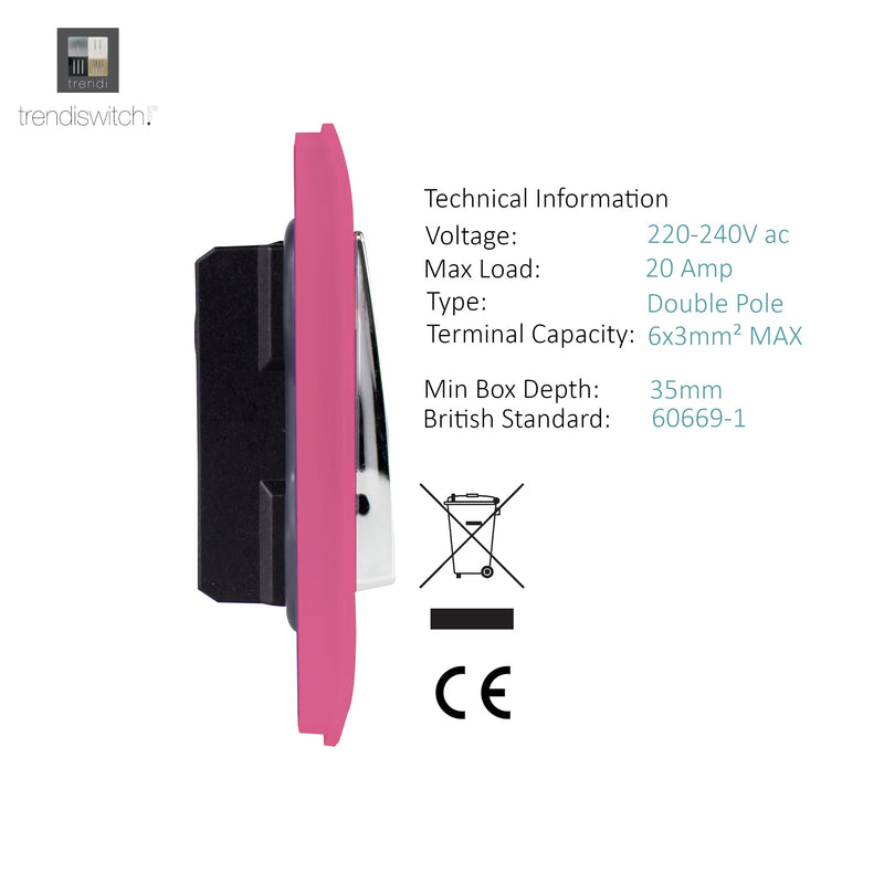 Trendi, Artistic Modern 45 Amp Neon Insert Double Pole Switch Pink Finish, BRITISH MADE, (35mm Back Box Required), 5yrs Warranty • ART-WHS2PK