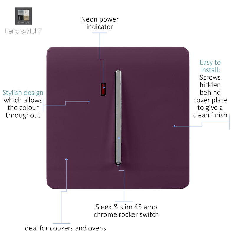 Trendi, Artistic Modern 20 Amp Neon Insert Double Pole Switch Plum Finish, BRITISH MADE, (25mm Back Box Required), 5yrs Warranty • ART-WHS1PL