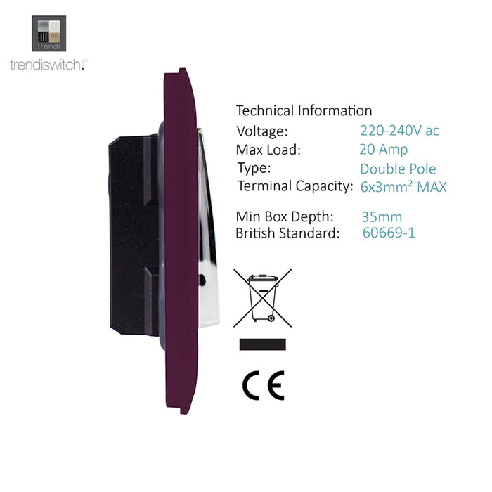 Trendi, Artistic Modern 20 Amp Neon Insert Double Pole Switch Plum Finish, BRITISH MADE, (25mm Back Box Required), 5yrs Warranty • ART-WHS1PL