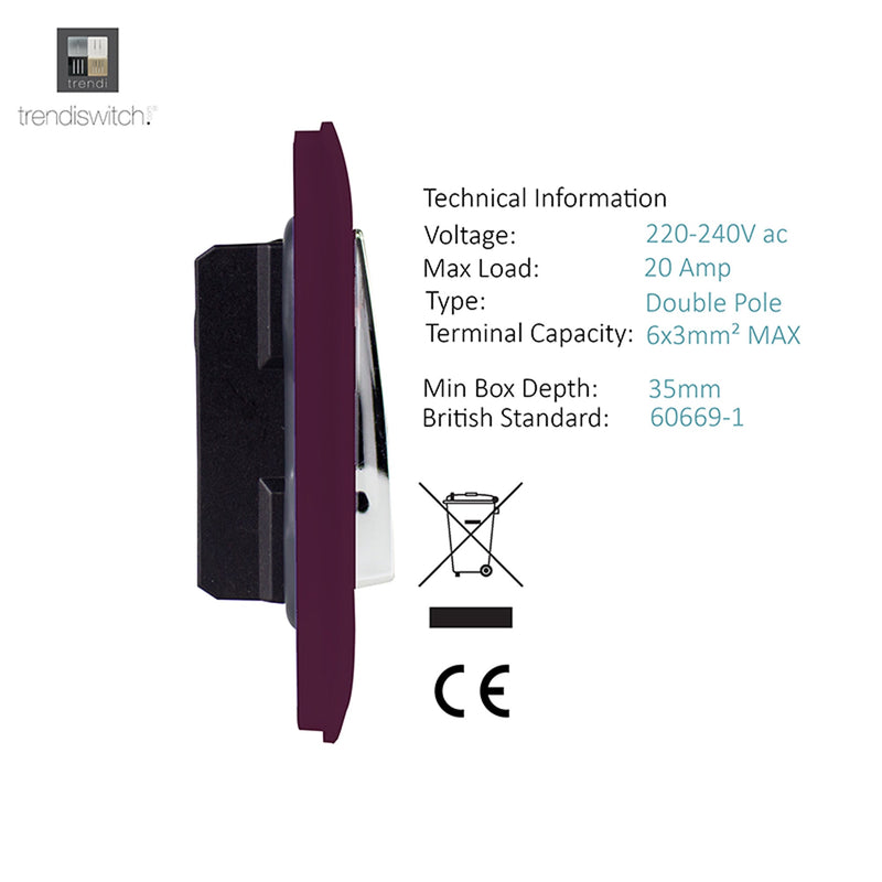 Trendi, Artistic Modern 45 Amp Neon Insert Double Pole Switch Plum Finish, BRITISH MADE, (35mm Back Box Required), 5yrs Warranty • ART-WHS2PL