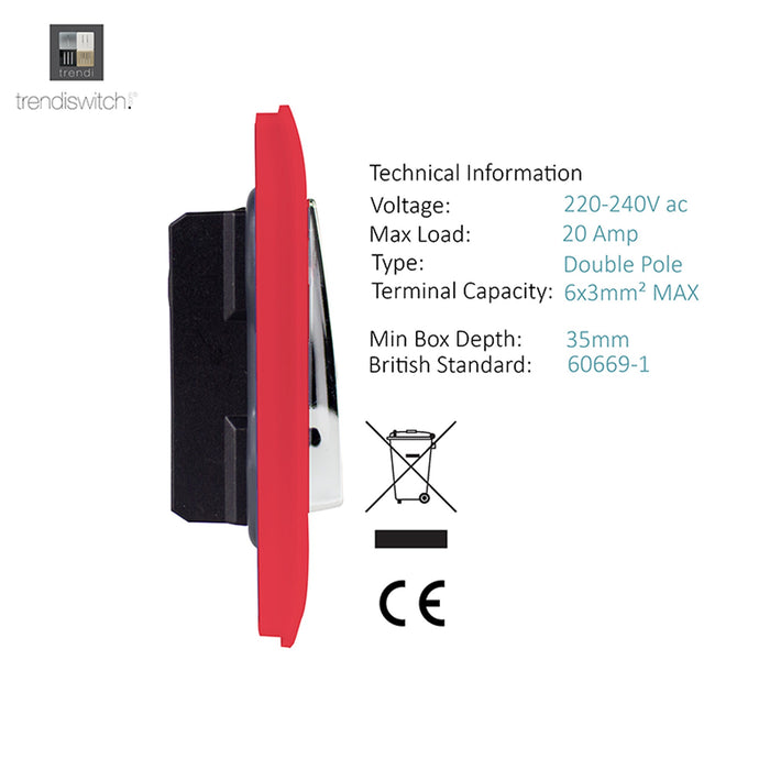 Trendi, Artistic Modern 20 Amp Neon Insert Double Pole Switch Strawberry Finish, BRITISH MADE, (25mm Back Box Required), 5yrs Warranty • ART-WHS1SB