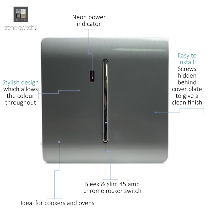 Trendi, Artistic Modern 20 Amp Neon Insert Double Pole Switch Silver Finish, BRITISH MADE, (25mm Back Box Required), 5yrs Warranty • ART-WHS1SI