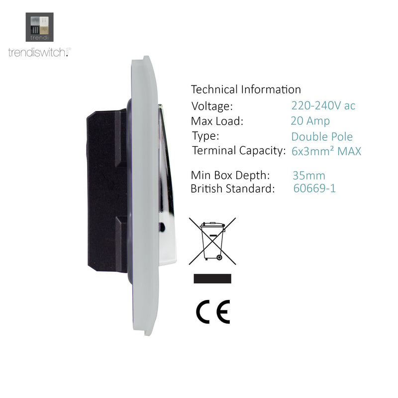 Trendi, Artistic Modern 20 Amp Neon Insert Double Pole Switch Silver Finish, BRITISH MADE, (25mm Back Box Required), 5yrs Warranty • ART-WHS1SI