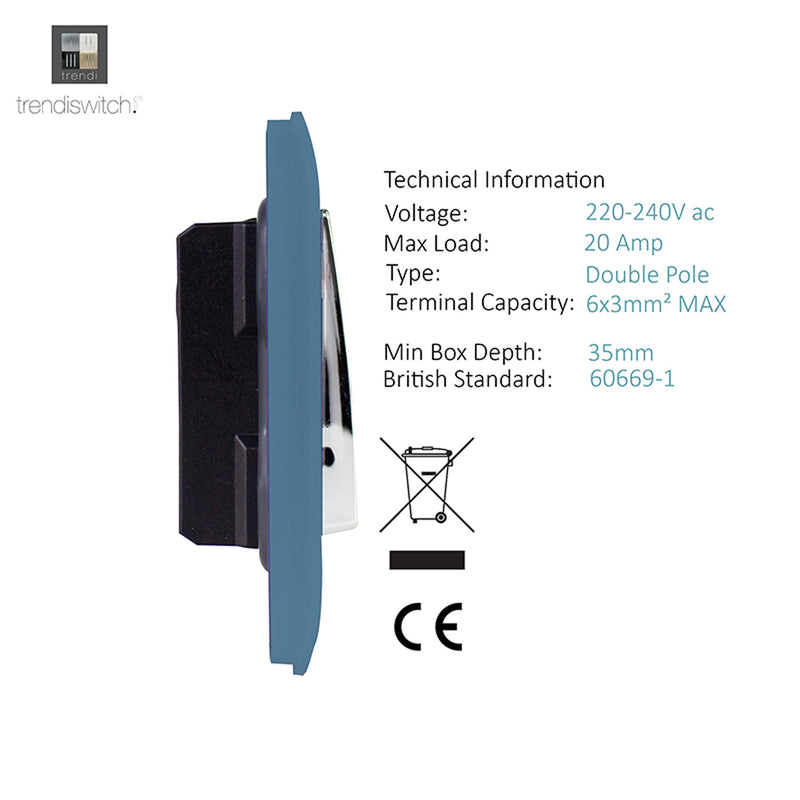 Trendi, Artistic Modern 45 Amp Neon Insert Double Pole Switch Sky Finish, BRITISH MADE, (35mm Back Box Required), 5yrs Warranty • ART-WHS2SK