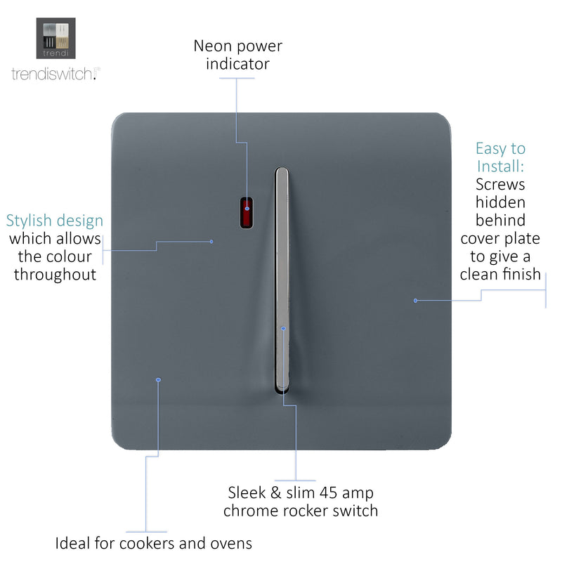 Trendi, Artistic Modern 45 Amp Neon Insert Double Pole Switch Warm Grey Finish, BRITISH MADE, (35mm Back Box Required), 5yrs Warranty • ART-WHS2WG