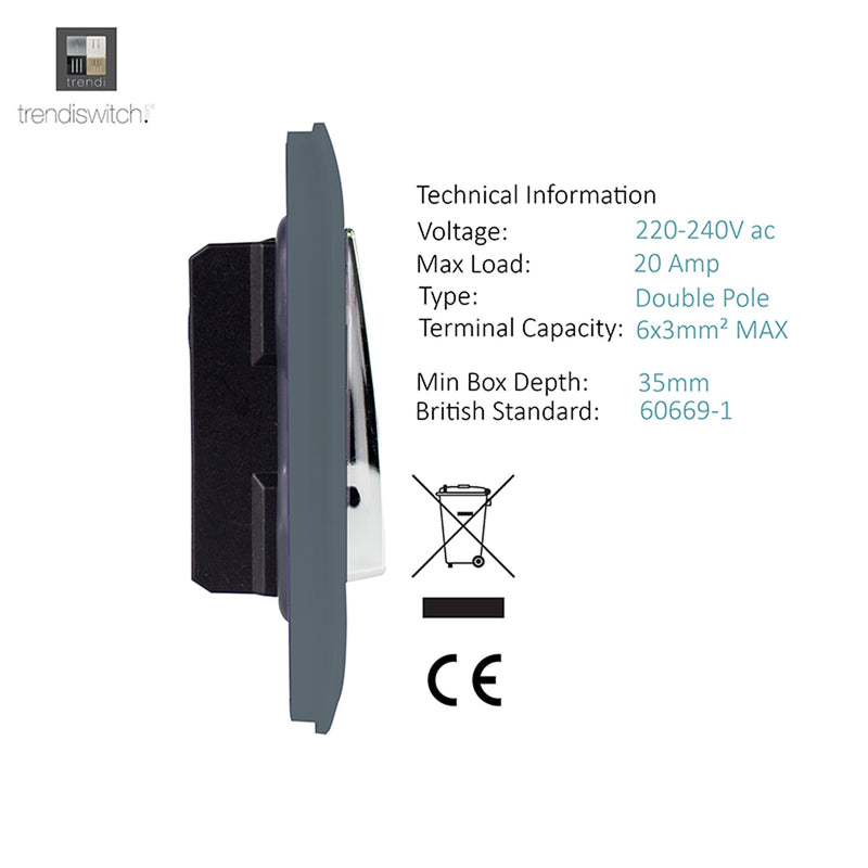 Trendi, Artistic Modern 20 Amp Neon Insert Double Pole Switch Warm Grey Finish, BRITISH MADE, (25mm Back Box Required), 5yrs Warranty • ART-WHS1WG