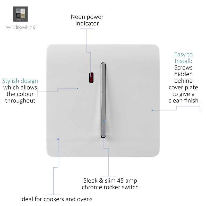 Trendi, Artistic Modern 20 Amp Neon Insert Double Pole Switch Gloss White Finish, BRITISH MADE, (25mm Back Box Required), 5yrs Warranty • ART-WHS1WH
