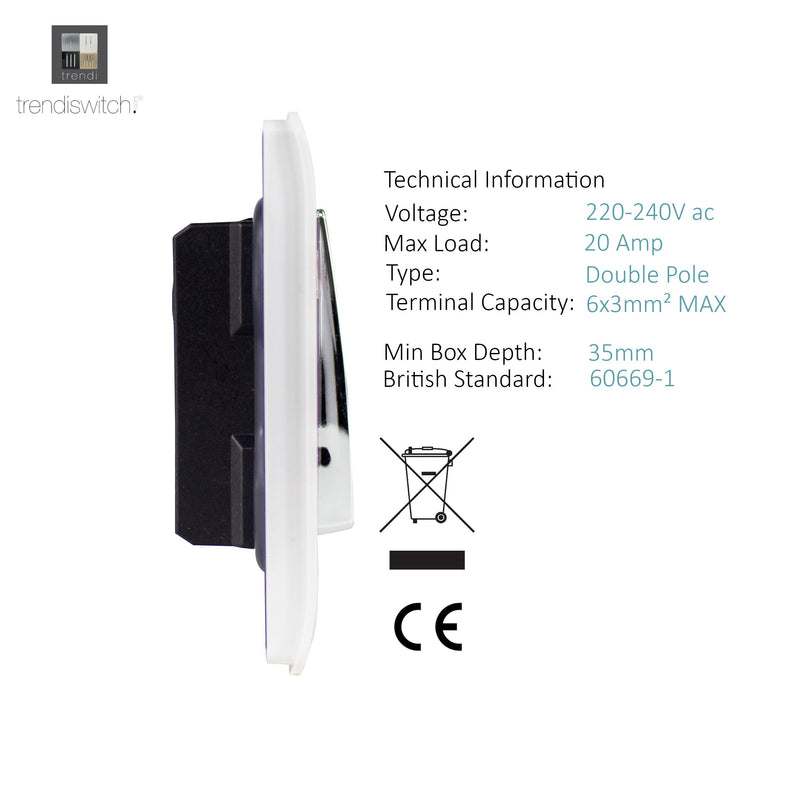 Trendi, Artistic Modern 20 Amp Neon Insert Double Pole Switch Gloss White Finish, BRITISH MADE, (25mm Back Box Required), 5yrs Warranty • ART-WHS1WH