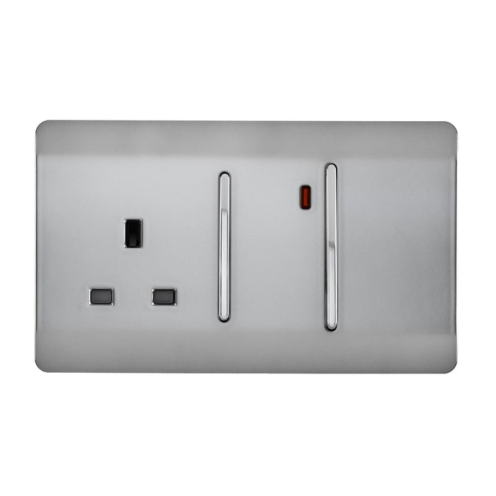 Trendi, Artistic Modern Cooker Control Panel 13amp with 45amp Switch Brushed Steel Finish, BRITISH MADE, (47mm Back Box Required), 5yrs Warranty • ART-WHS213BS