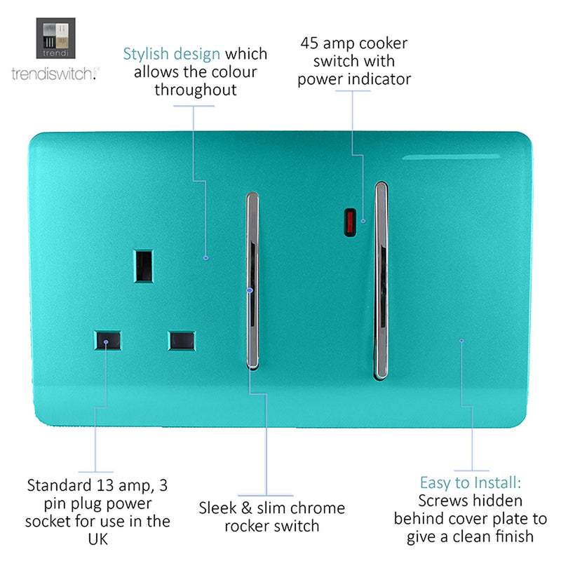 Trendi, Artistic Modern Cooker Control Panel 13amp with 45amp Switch Bright Teal Finish, BRITISH MADE, (47mm Back Box Required), 5yrs Warranty • ART-WHS213BT