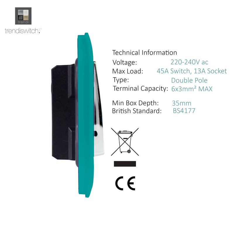 Trendi, Artistic Modern Cooker Control Panel 13amp with 45amp Switch Bright Teal Finish, BRITISH MADE, (47mm Back Box Required), 5yrs Warranty • ART-WHS213BT