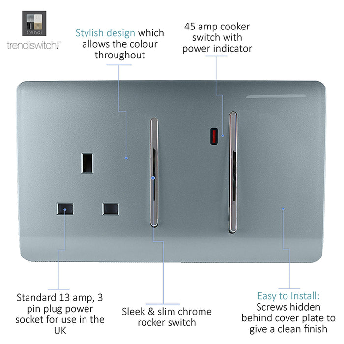 Trendi, Artistic Modern Cooker Control Panel 13amp with 45amp Switch Cool Grey Finish, BRITISH MADE, (47mm Back Box Required), 5yrs Warranty • ART-WHS213CG