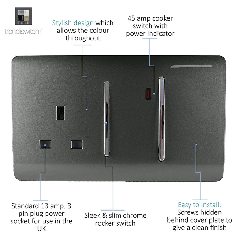 Trendi, Artistic Modern Cooker Control Panel 13amp with 45amp Switch Charcoal Finish, BRITISH MADE, (47mm Back Box Required), 5yrs Warranty • ART-WHS213CH