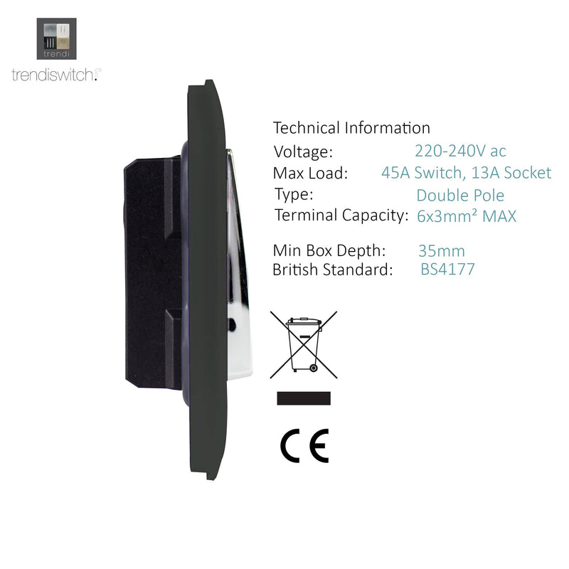 Trendi, Artistic Modern Cooker Control Panel 13amp with 45amp Switch Charcoal Finish, BRITISH MADE, (47mm Back Box Required), 5yrs Warranty • ART-WHS213CH