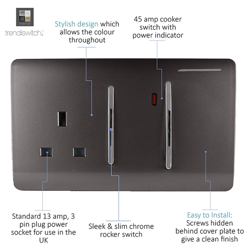 Trendi, Artistic Modern Cooker Control Panel 13amp with 45amp Switch Dark Brown Finish, BRITISH MADE, (47mm Back Box Required), 5yrs Warranty • ART-WHS213DB