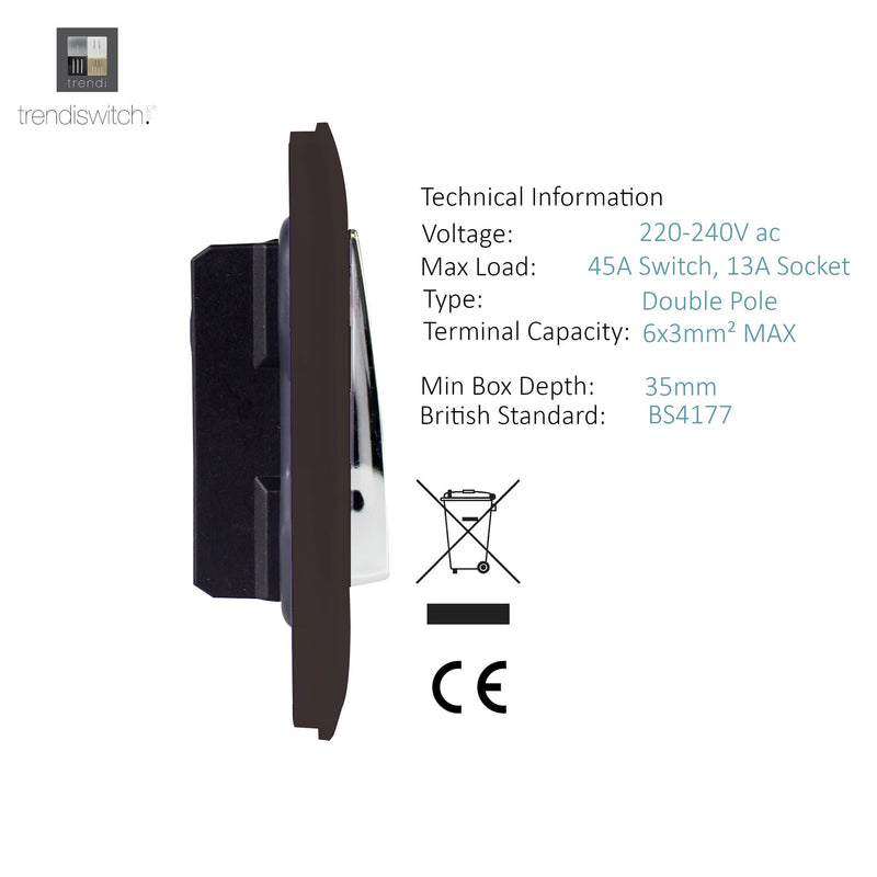 Trendi, Artistic Modern Cooker Control Panel 13amp with 45amp Switch Dark Brown Finish, BRITISH MADE, (47mm Back Box Required), 5yrs Warranty • ART-WHS213DB