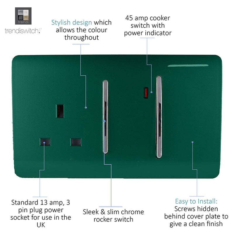 Trendi, Artistic Modern Cooker Control Panel 13amp with 45amp Switch Dark Green Finish, BRITISH MADE, (47mm Back Box Required), 5yrs Warranty • ART-WHS213DG
