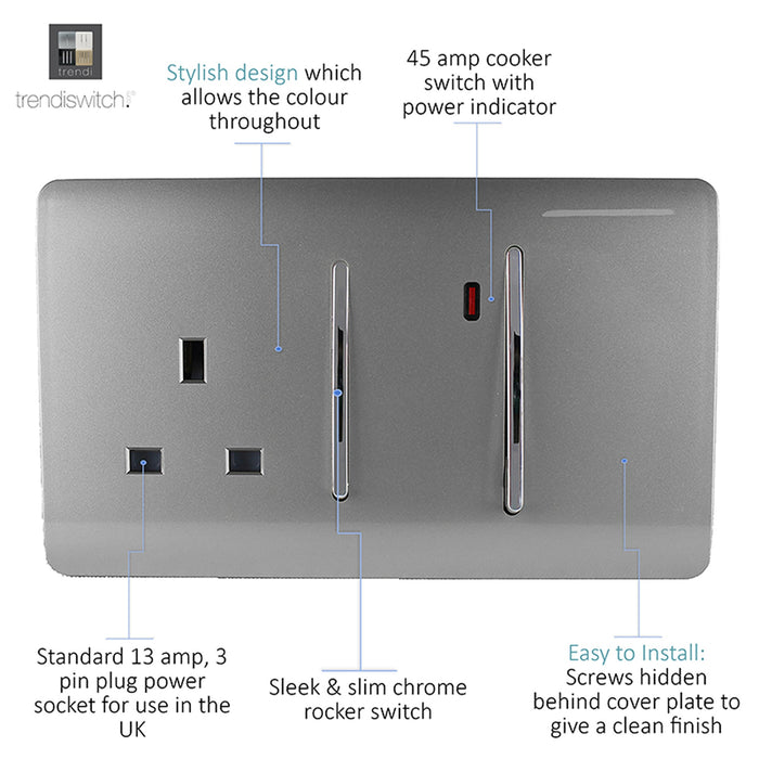 Trendi, Artistic Modern Cooker Control Panel 13amp with 45amp Switch Light Grey Finish, BRITISH MADE, (47mm Back Box Required), 5yrs Warranty • ART-WHS213LG