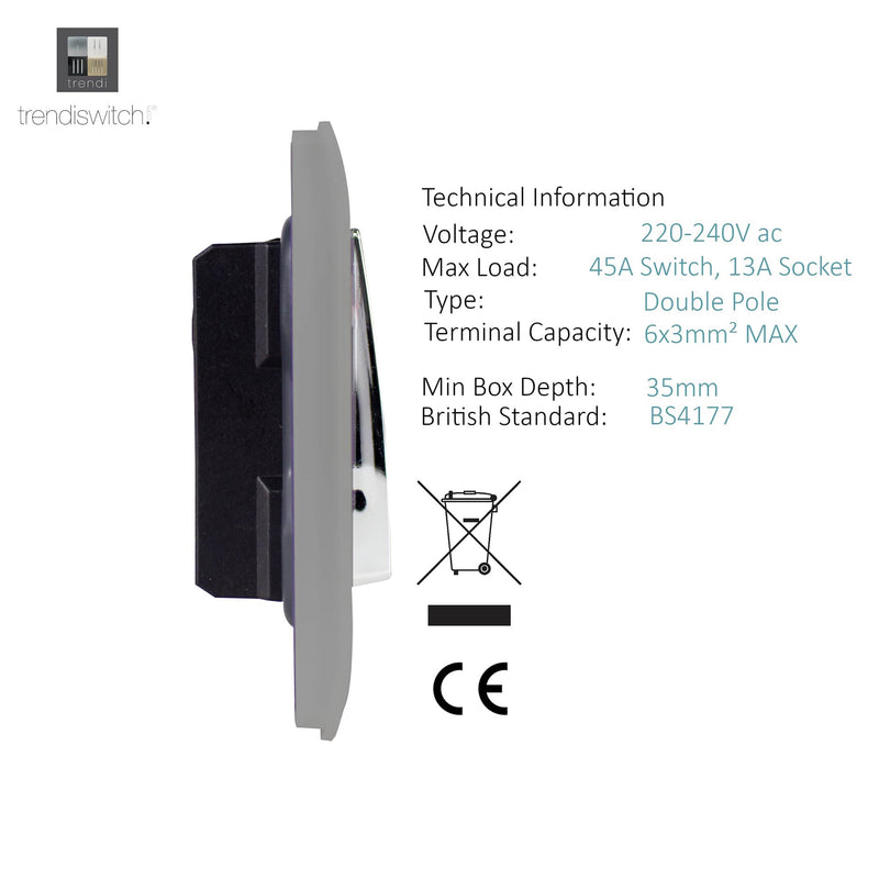 Trendi, Artistic Modern Cooker Control Panel 13amp with 45amp Switch Light Grey Finish, BRITISH MADE, (47mm Back Box Required), 5yrs Warranty • ART-WHS213LG