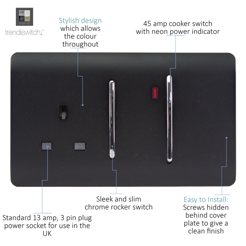 Trendi, Artistic Modern Cooker Control Panel 13amp with 45amp Switch Matt Black Finish, BRITISH MADE, (47mm Back Box Required), 5yrs Warranty • ART-WHS213MBK