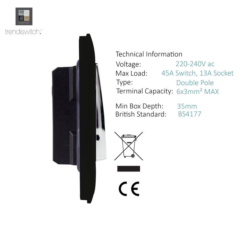 Trendi, Artistic Modern Cooker Control Panel 13amp with 45amp Switch Matt Black Finish, BRITISH MADE, (47mm Back Box Required), 5yrs Warranty • ART-WHS213MBK