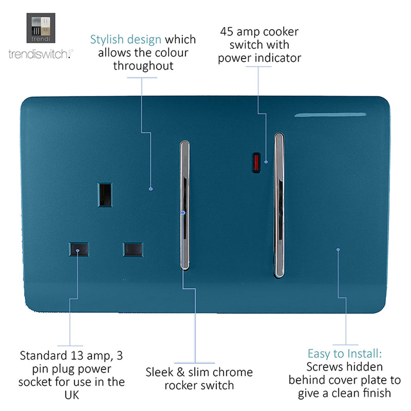 Trendi, Artistic Modern Cooker Control Panel 13amp with 45amp Switch Midnight Blue Finish, BRITISH MADE, (47mm Back Box Required), 5yrs Warranty • ART-WHS213MD