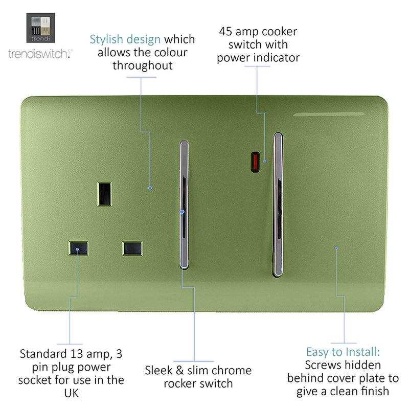 Trendi, Artistic Modern Cooker Control Panel 13amp with 45amp Switch Moss Green Finish, BRITISH MADE, (47mm Back Box Required), 5yrs Warranty • ART-WHS213MG