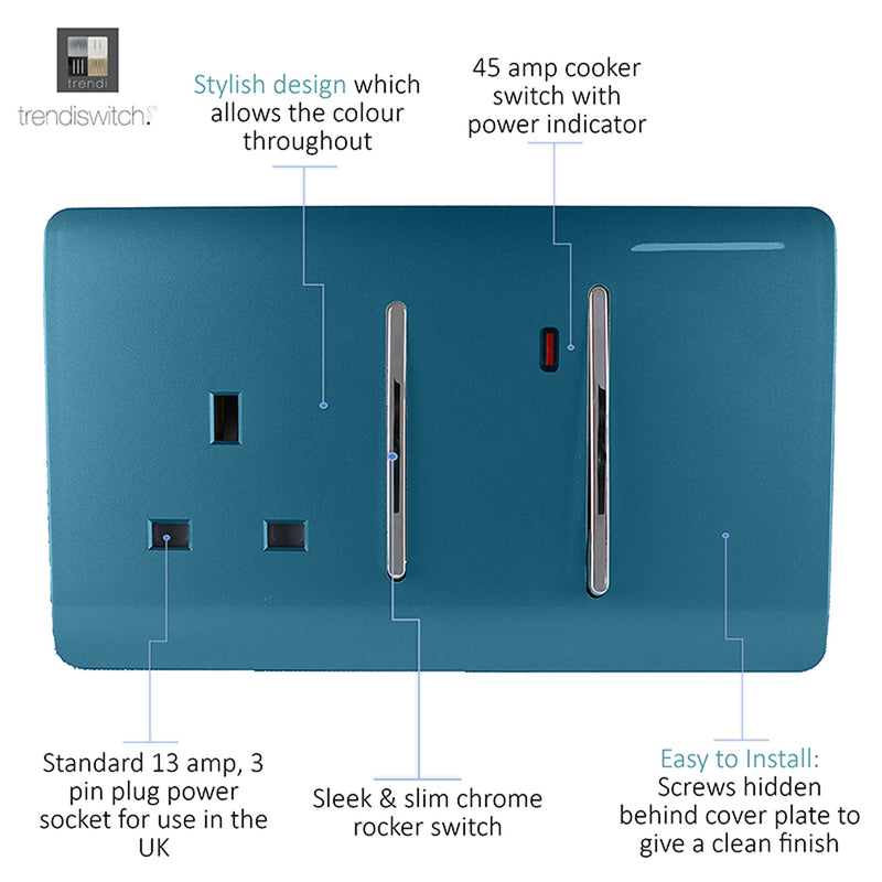 Trendi, Artistic Modern Cooker Control Panel 13amp with 45amp Switch Ocean Blue Finish, BRITISH MADE, (47mm Back Box Required), 5yrs Warranty • ART-WHS213OB