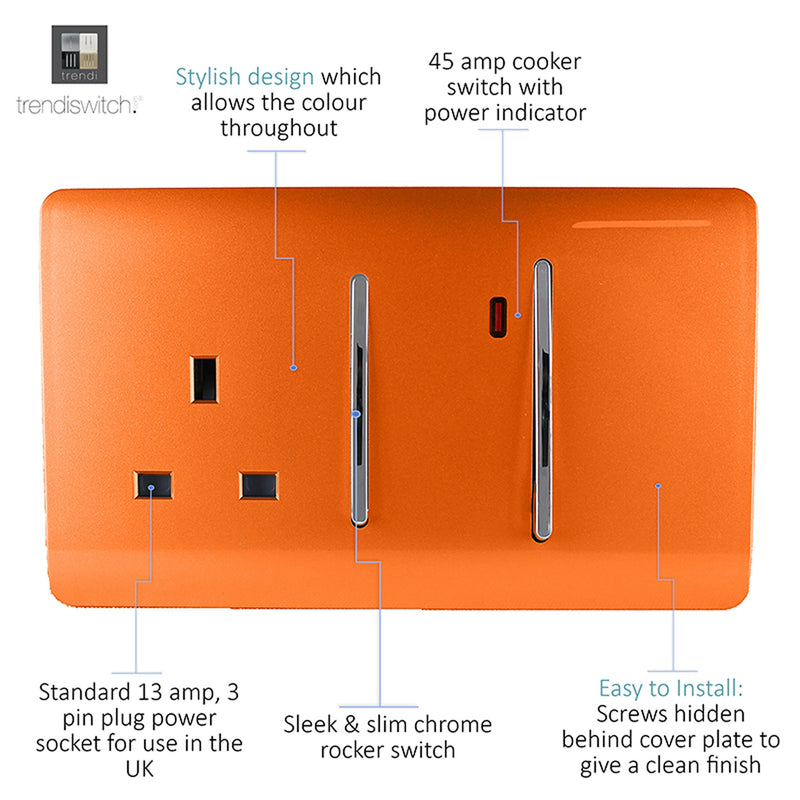 Trendi, Artistic Modern Cooker Control Panel 13amp with 45amp Switch Orange Finish, BRITISH MADE, (47mm Back Box Required), 5yrs Warranty • ART-WHS213OR